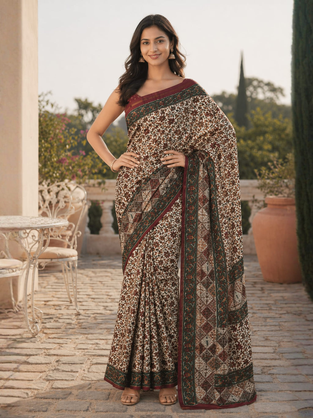 Handcrafted Kalamkari Chanderi Cotton Silk Saree with Floral Print | Elegant Ethnic Wear