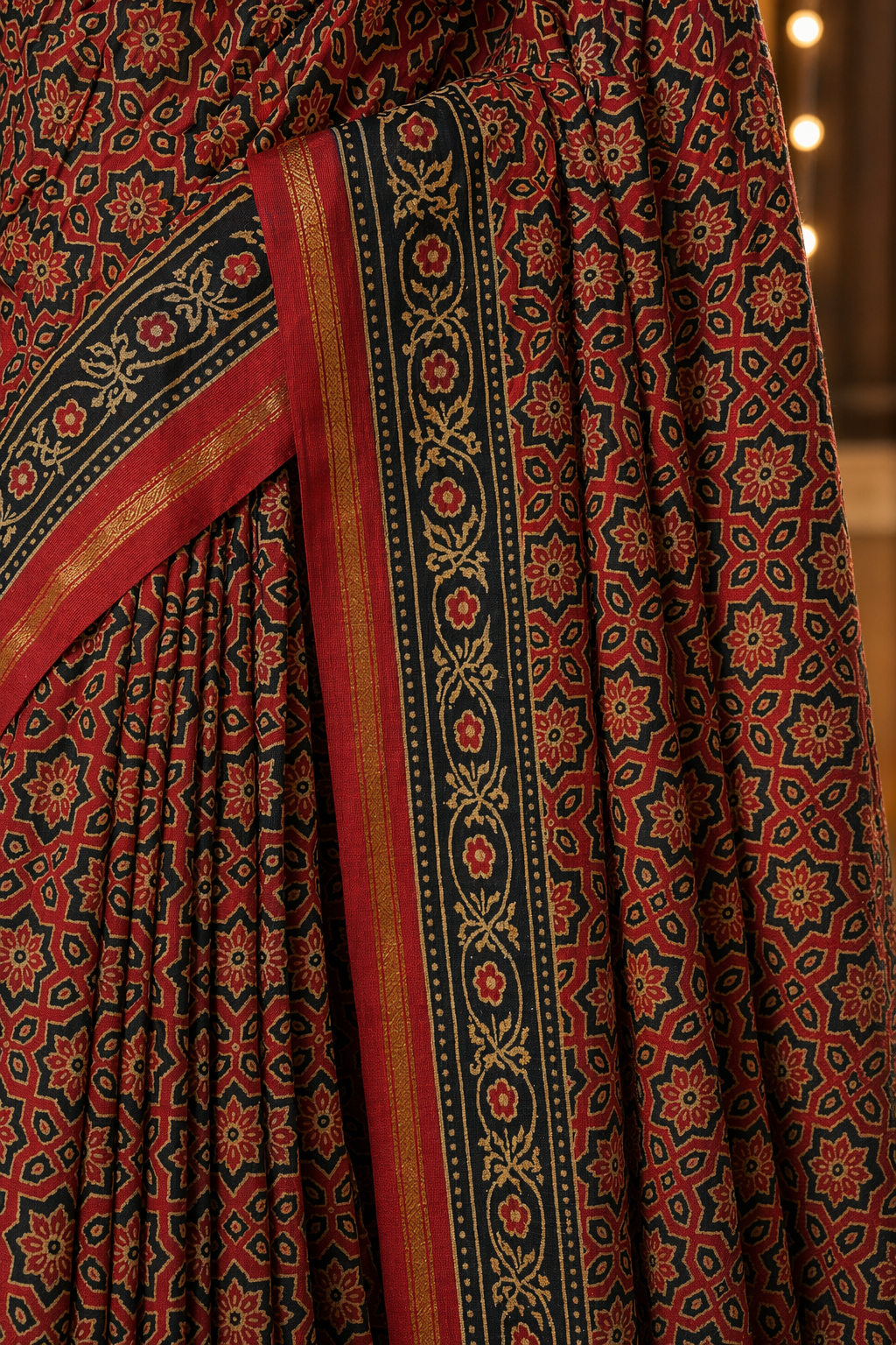 Premium Chanderi Hand Block Printed Saree – Maroon & Black Traditional Ethnic Wear