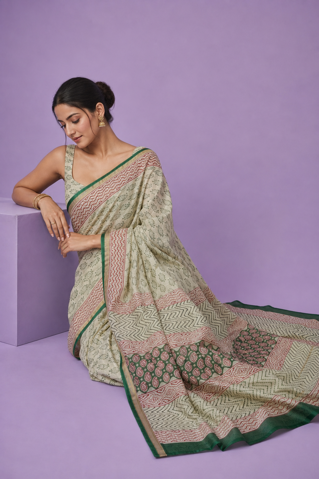 Premium Chanderi Cotton Silk Printed Saree with Traditional Border