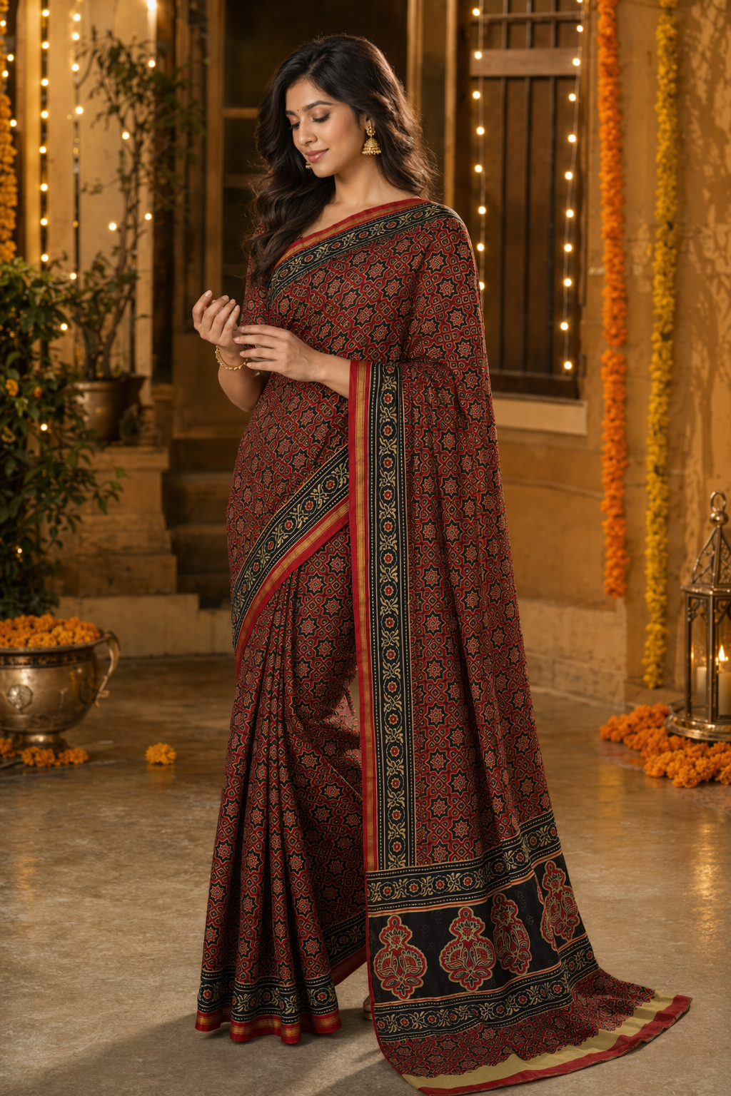 Premium Chanderi Hand Block Printed Saree – Maroon & Black Traditional Ethnic Wear