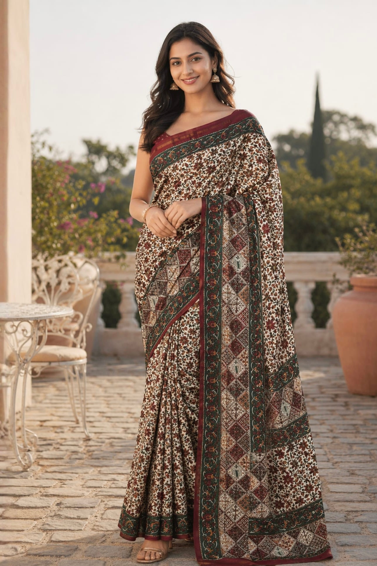 Handcrafted Kalamkari Chanderi Cotton Silk Saree with Floral Print | Elegant Ethnic Wear