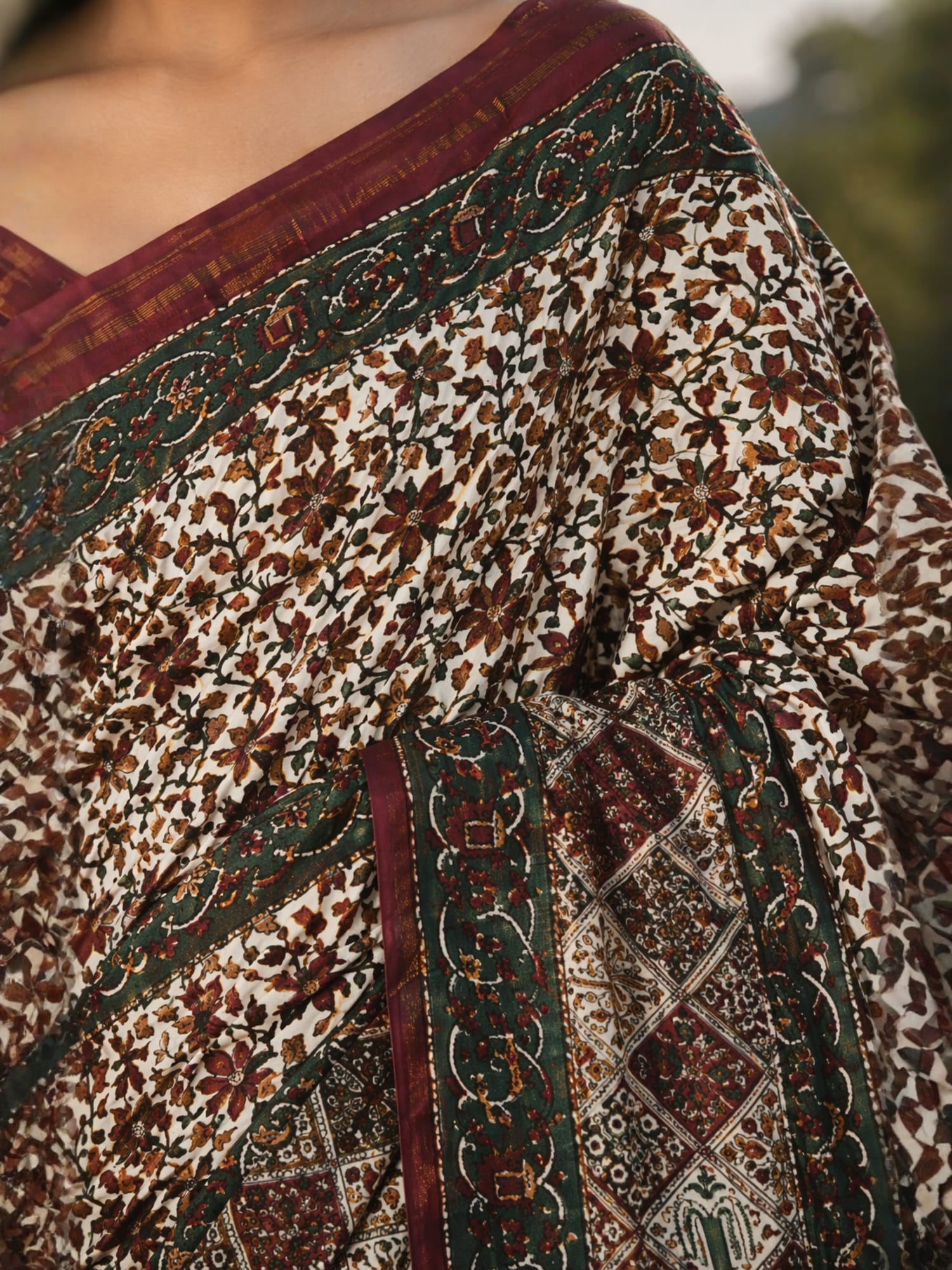 Handcrafted Kalamkari Chanderi Cotton Silk Saree with Floral Print | Elegant Ethnic Wear