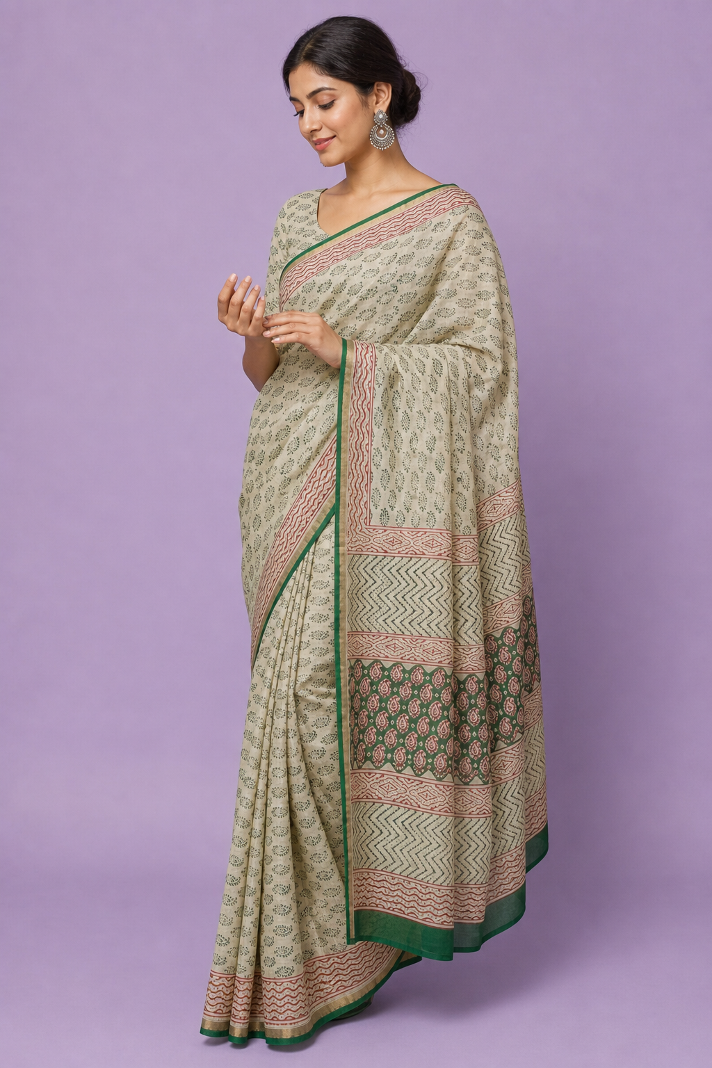 Premium Chanderi Cotton Silk Printed Saree with Traditional Border
