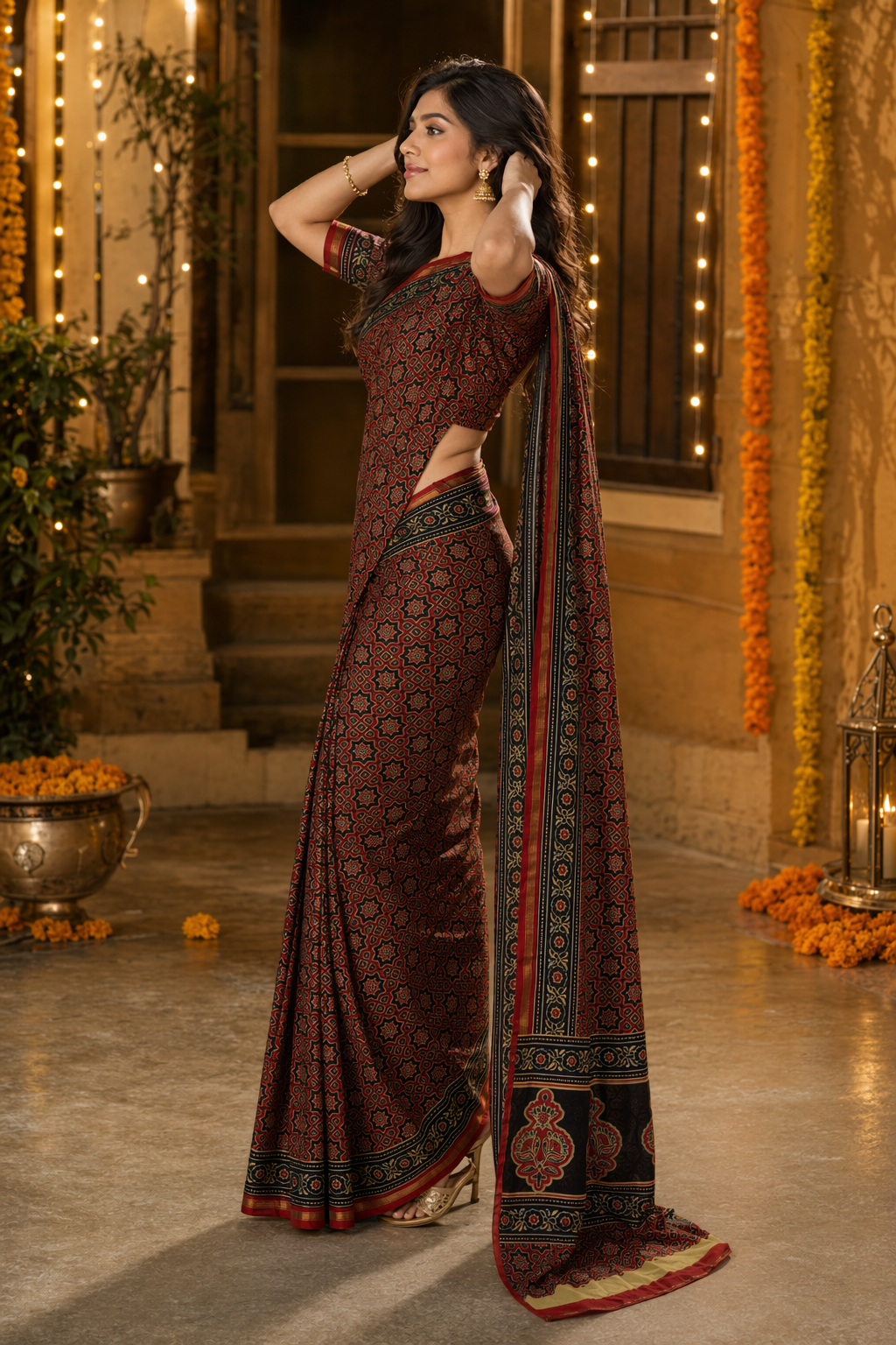 Premium Chanderi Hand Block Printed Saree – Maroon & Black Traditional Ethnic Wear