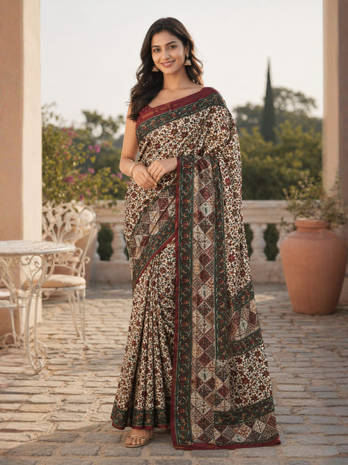 Handcrafted Kalamkari Chanderi Cotton Silk Saree with Floral Print | Elegant Ethnic Wear