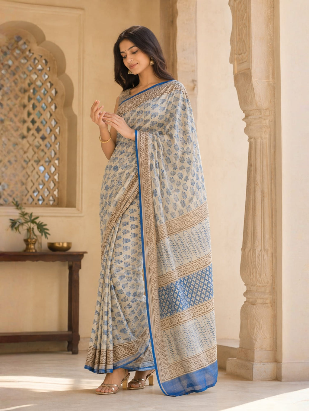 Chanderi Cotton Silk Bagru Hand Block Printed Saree | Soft Lightweight Ethnic Wear