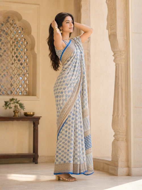 Chanderi Cotton Silk Bagru Hand Block Printed Saree | Soft Lightweight Ethnic Wear
