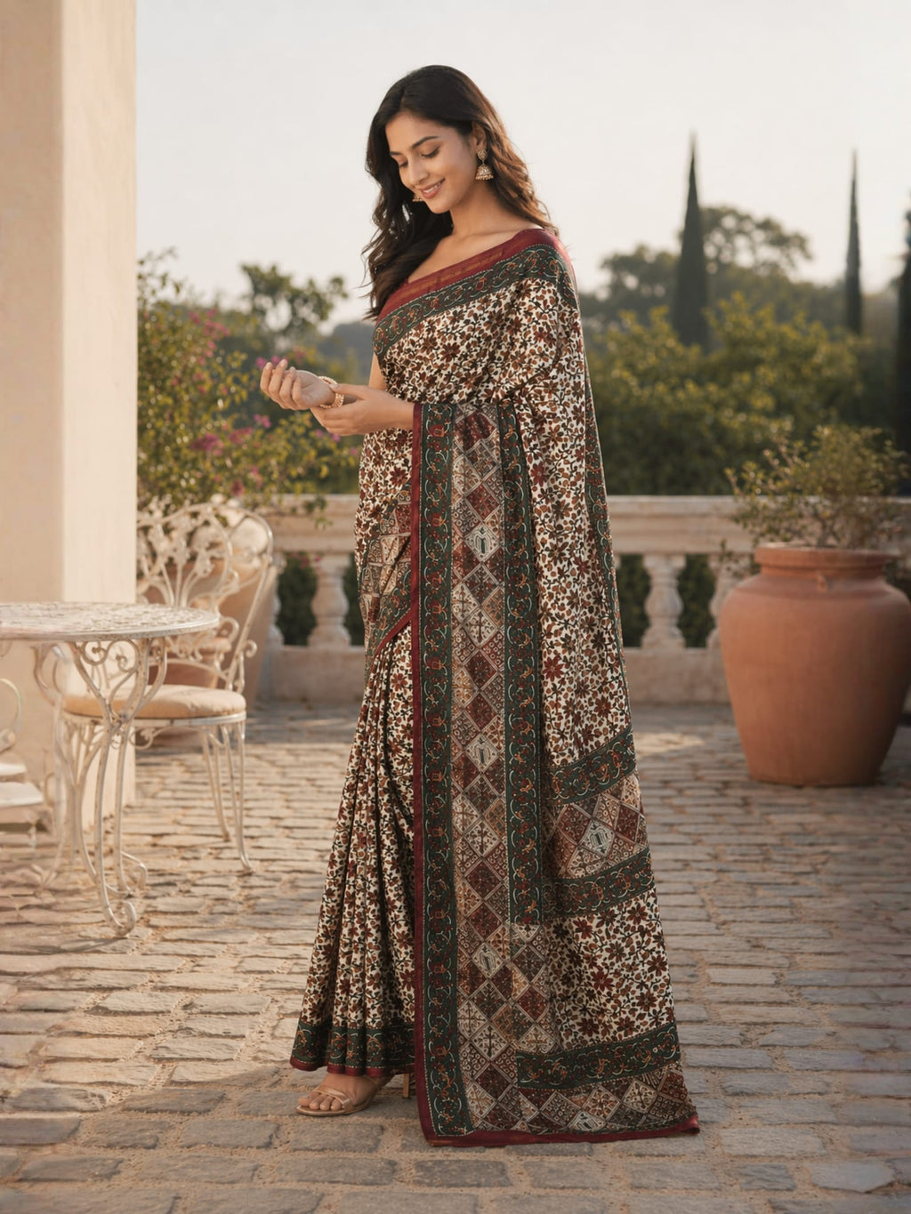 Handcrafted Kalamkari Chanderi Cotton Silk Saree with Floral Print | Elegant Ethnic Wear