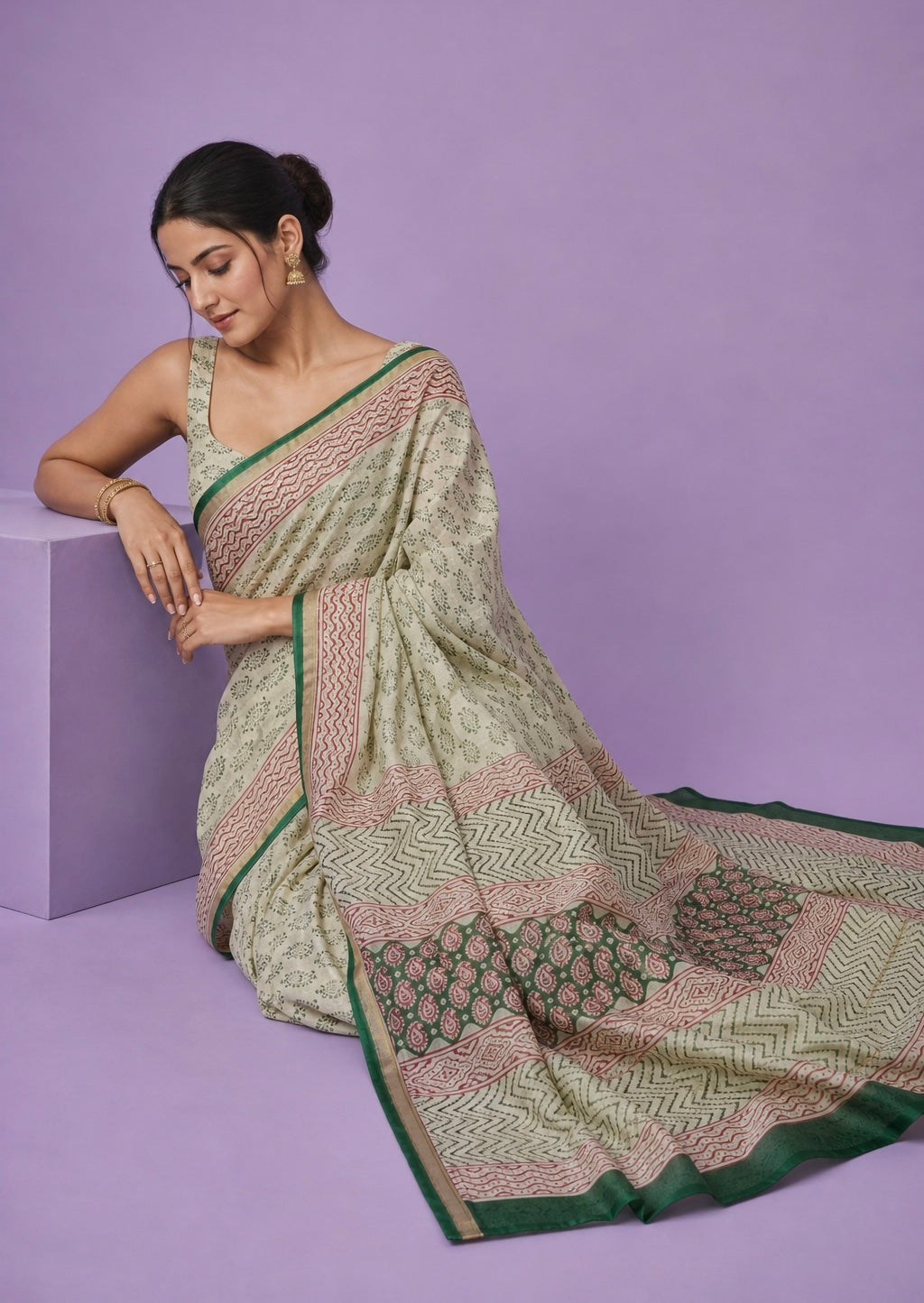 Premium Chanderi Cotton Silk Printed Saree with Traditional Border