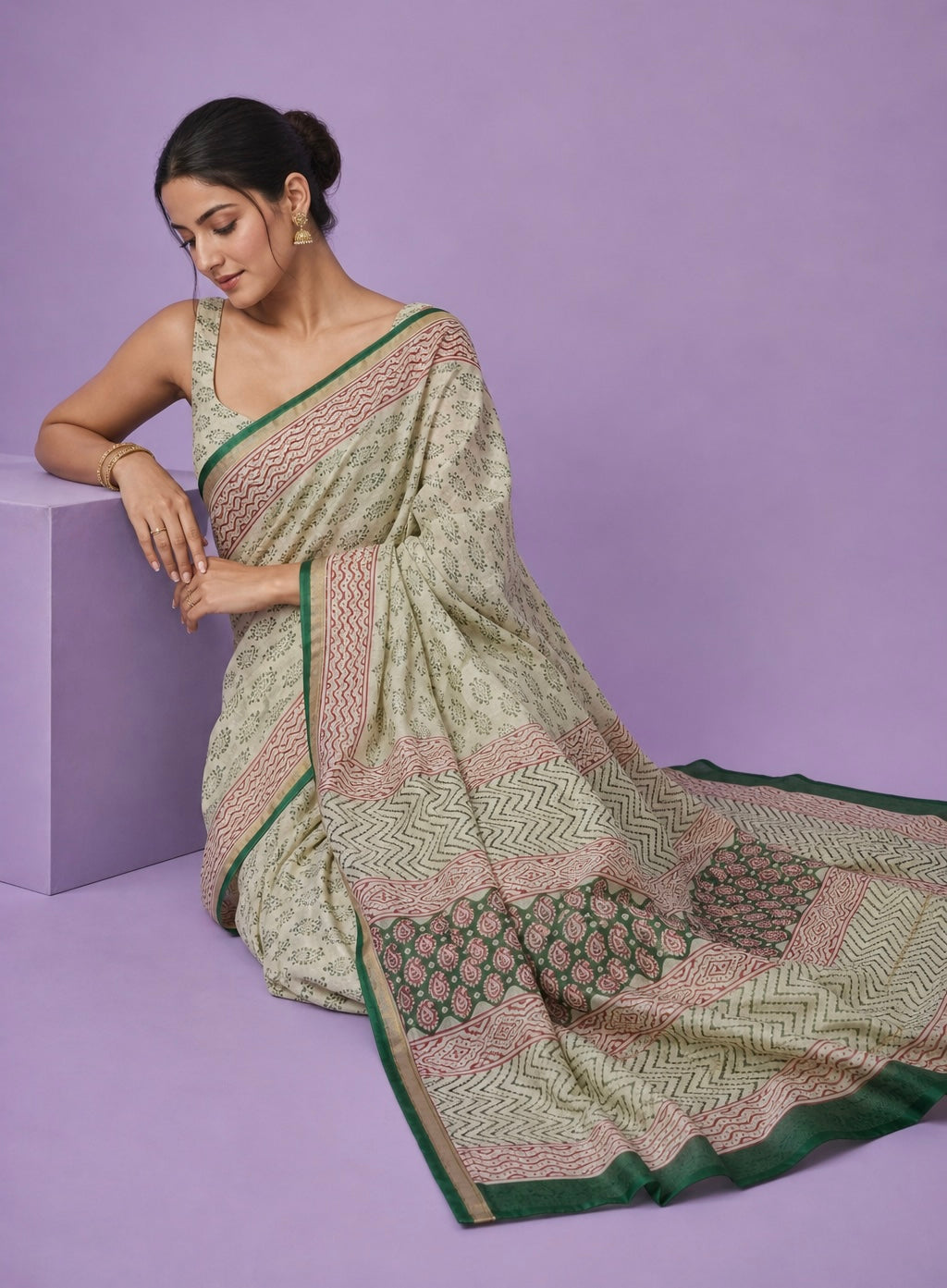 Premium Chanderi Cotton Silk Printed Saree with Traditional Border