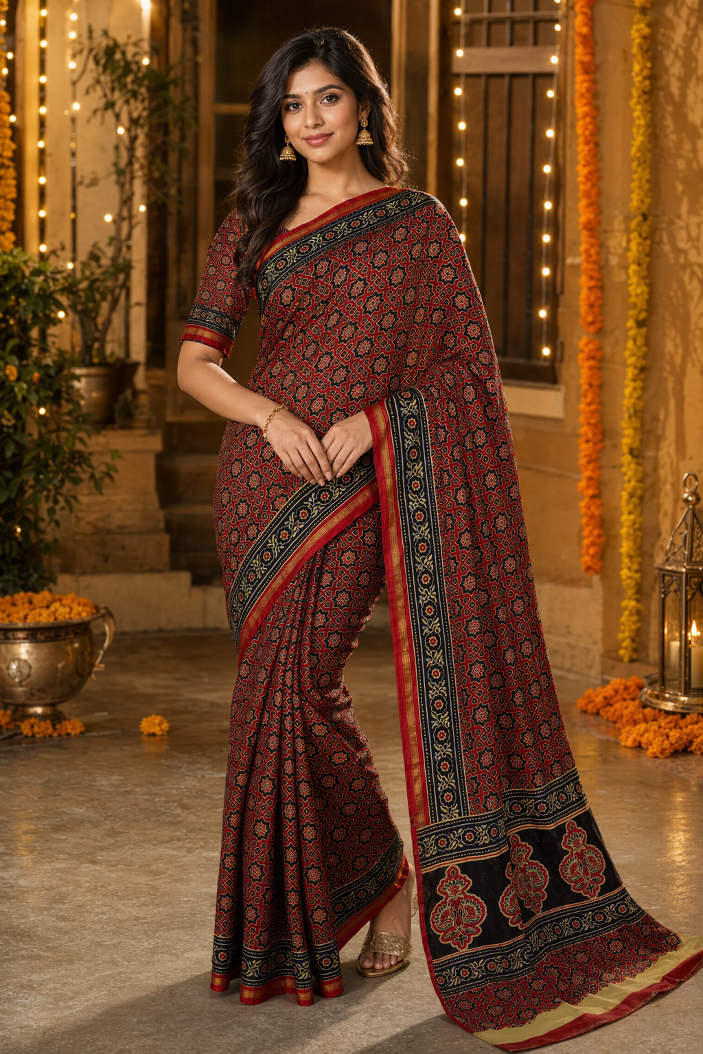 Premium Chanderi Hand Block Printed Saree – Maroon & Black Traditional Ethnic Wear